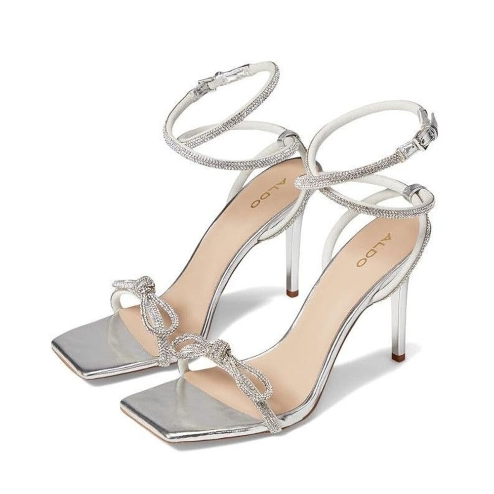 ALDO Womens 8.5 B Silver Rhinestone Bow Wrap Ankle Stiletto Heels NIB SO4
